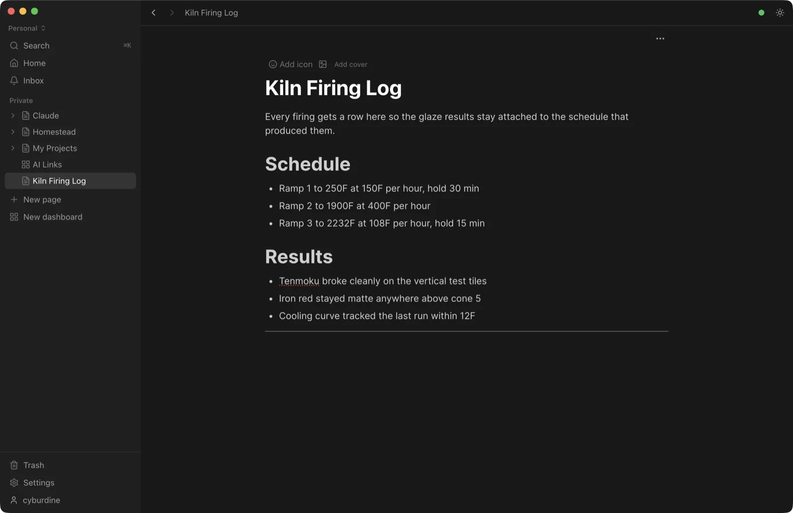 The Kaku block editor showing a page titled “Kiln Firing Log” with two headings and bulleted lists, beside a nested page sidebar.