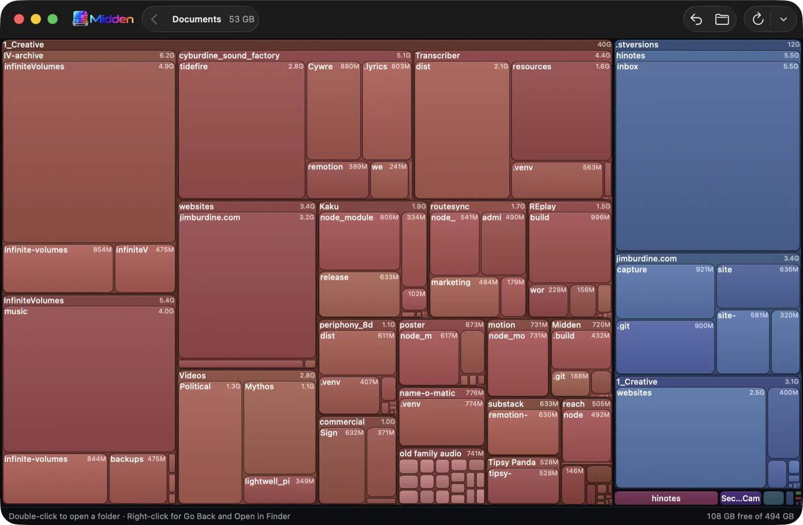 Midden showing a colour-coded treemap of a Documents folder, each rectangle labelled with a file name and size.