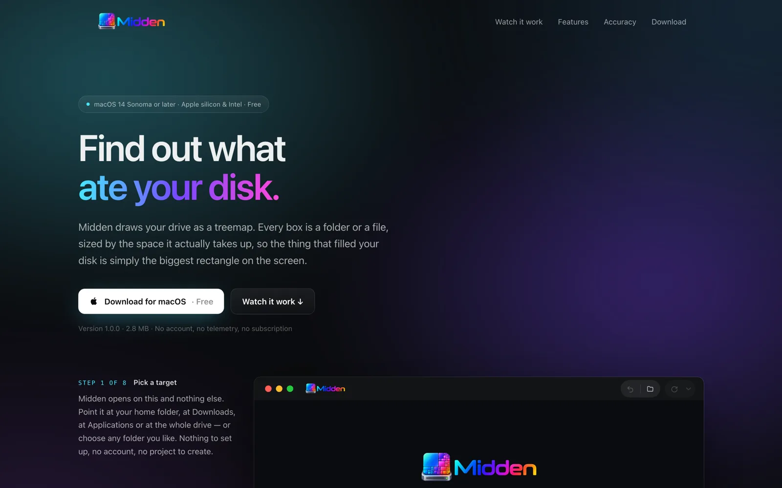 The Midden marketing site, headed “Find out what ate your disk.”