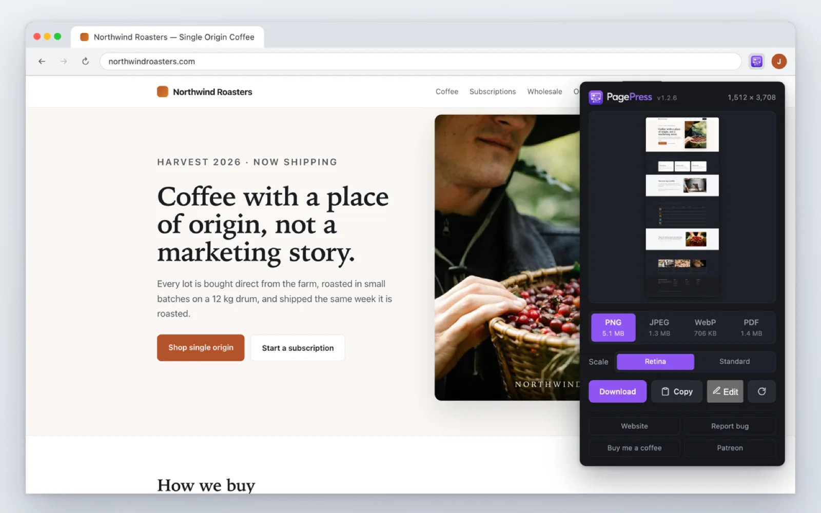 The PagePress capture popup over a web page.
