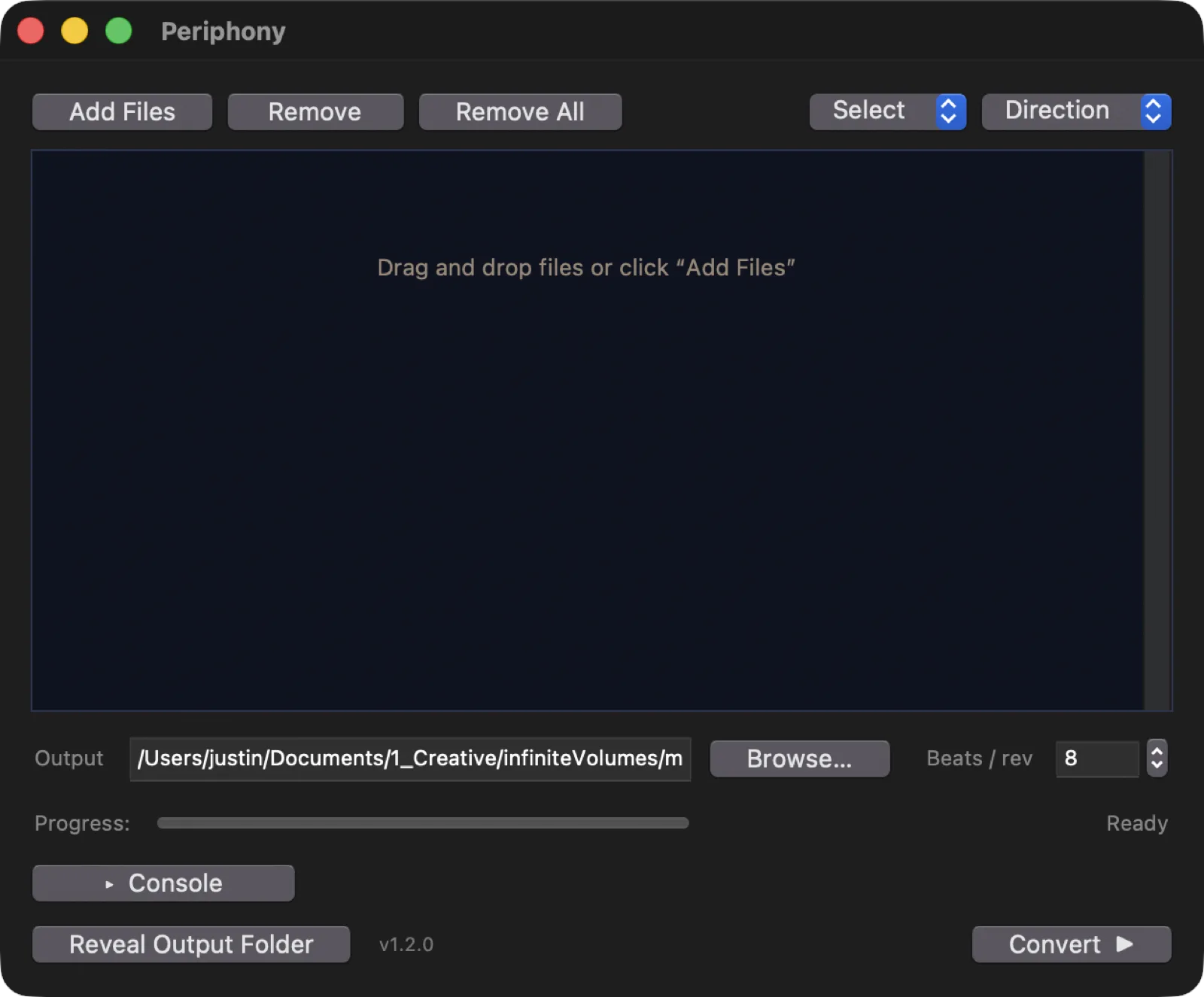 The Periphony 8D app window with a file drop area, output folder and a Convert button.