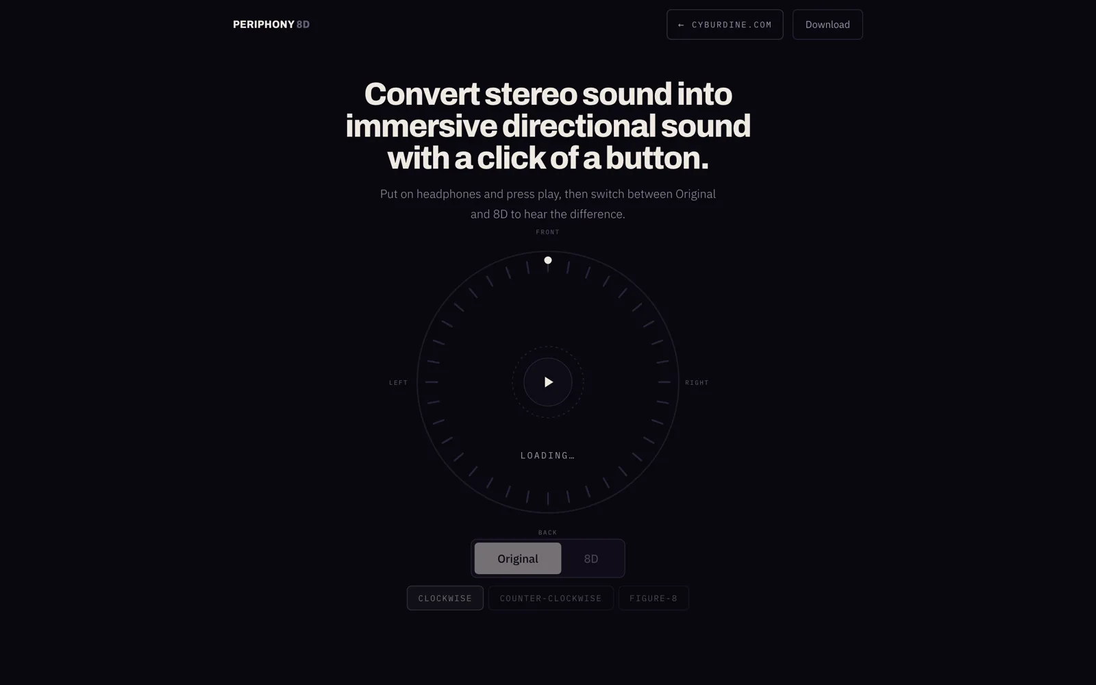The Periphony 8D site showing a circular direction dial around a play button.