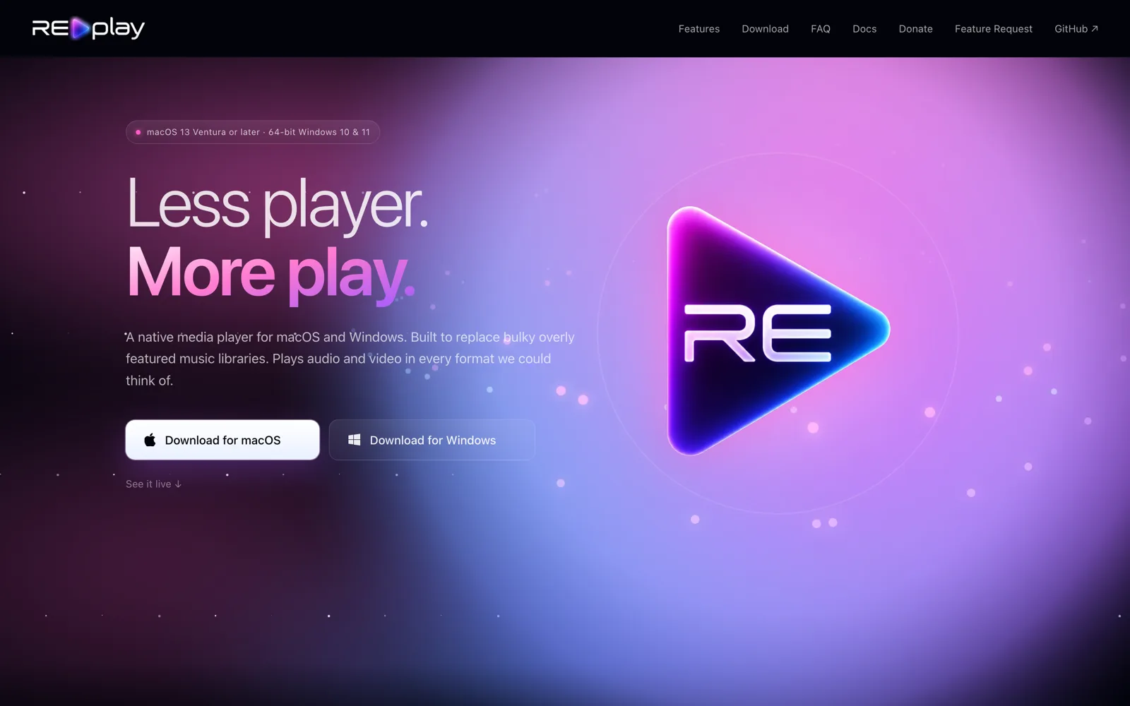 The RE:play marketing site with a large magenta play-button mark.