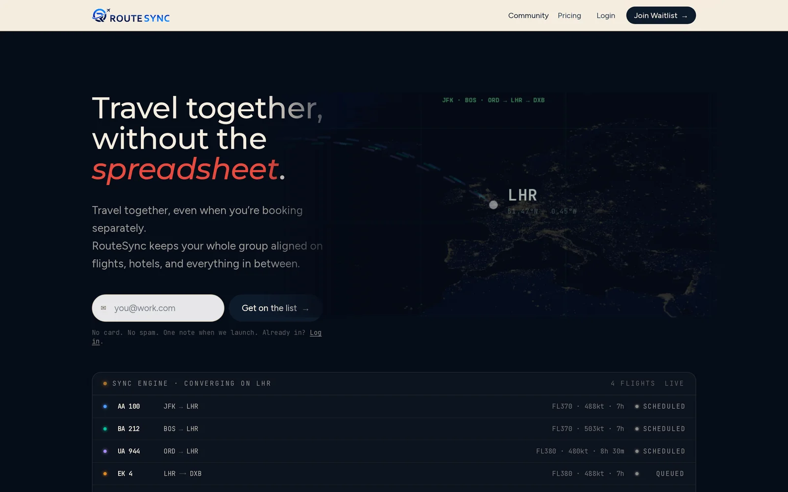 The RouteSync marketing site, headed “Travel together, without the spreadsheet,” over a night-side map with four live flights converging on LHR.