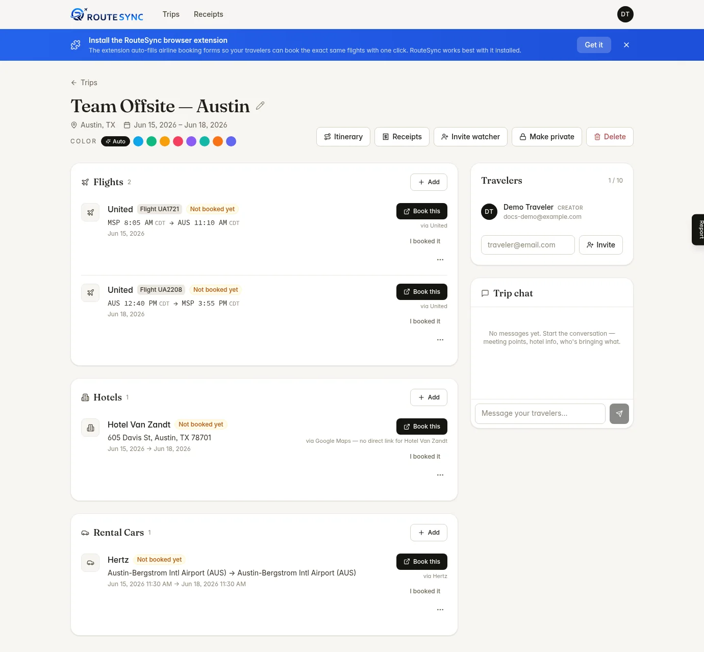 A RouteSync trip page for a team offsite in Austin, listing two United flights, a hotel and a Hertz rental, each marked “Not booked yet,” with a travelers panel and trip chat alongside.