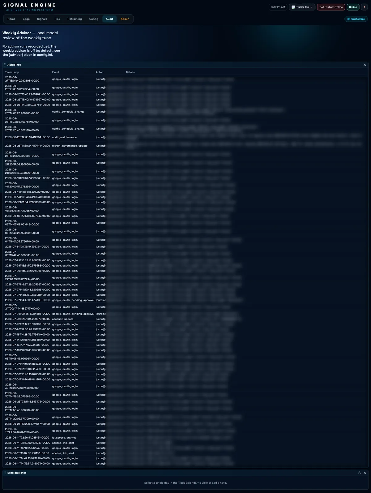 The Signal Engine audit log listing timestamped governance and login events.