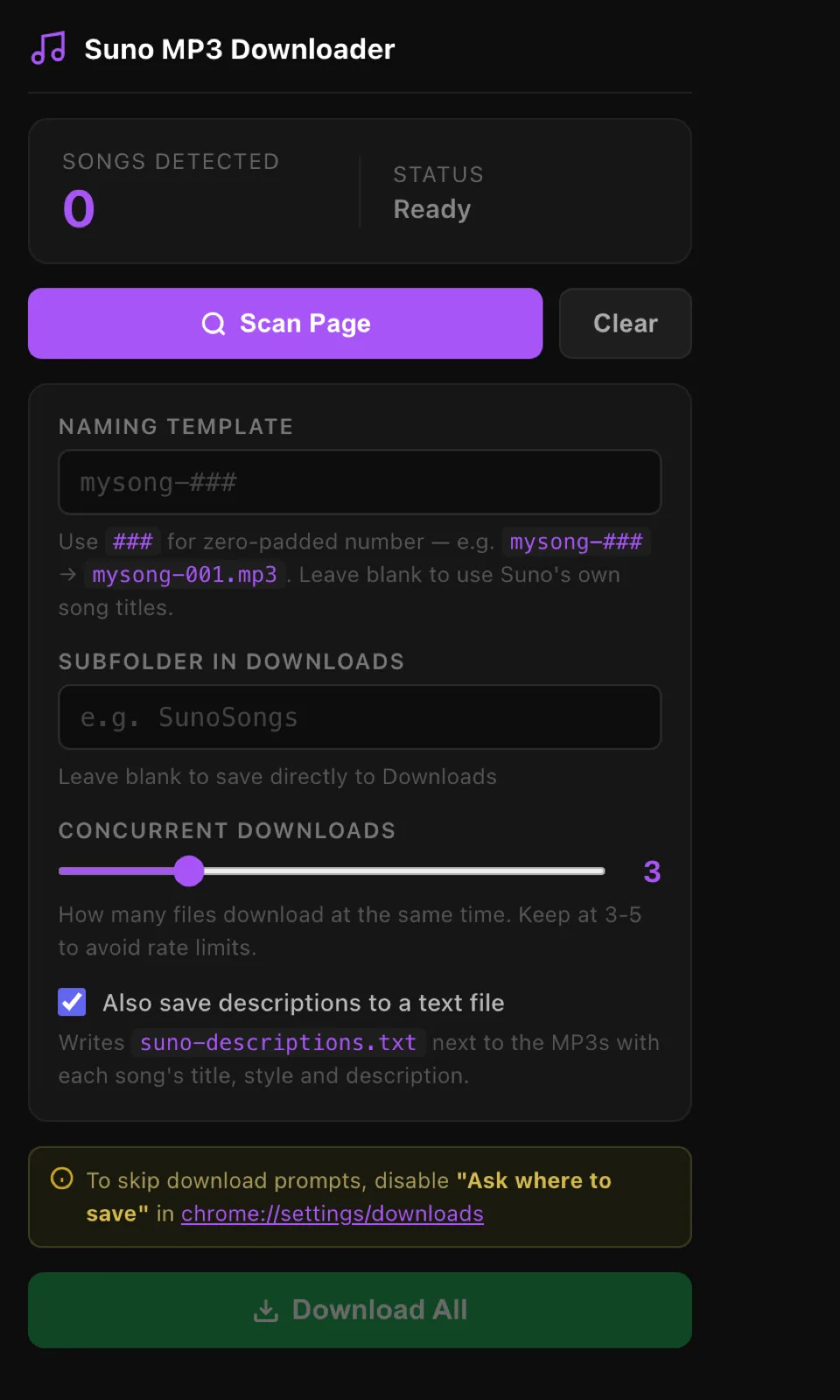 The Suno MP3 Downloader popup showing songs detected, a Scan Page button, naming template and concurrency slider.