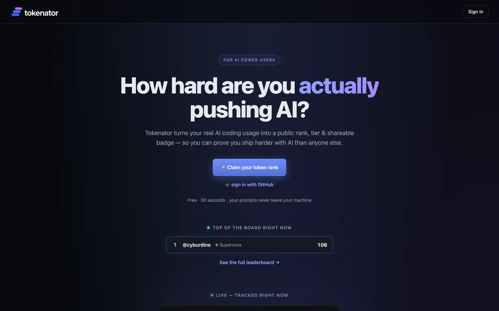 The tokenator landing page, headed “How hard are you actually pushing AI?”, with a live leaderboard below.